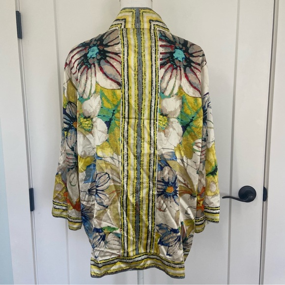 Chico’s Yellow Floral Print Stripe Trim Silk Blend Kimono Open Front Top 3 XL - Picture 5 of 6